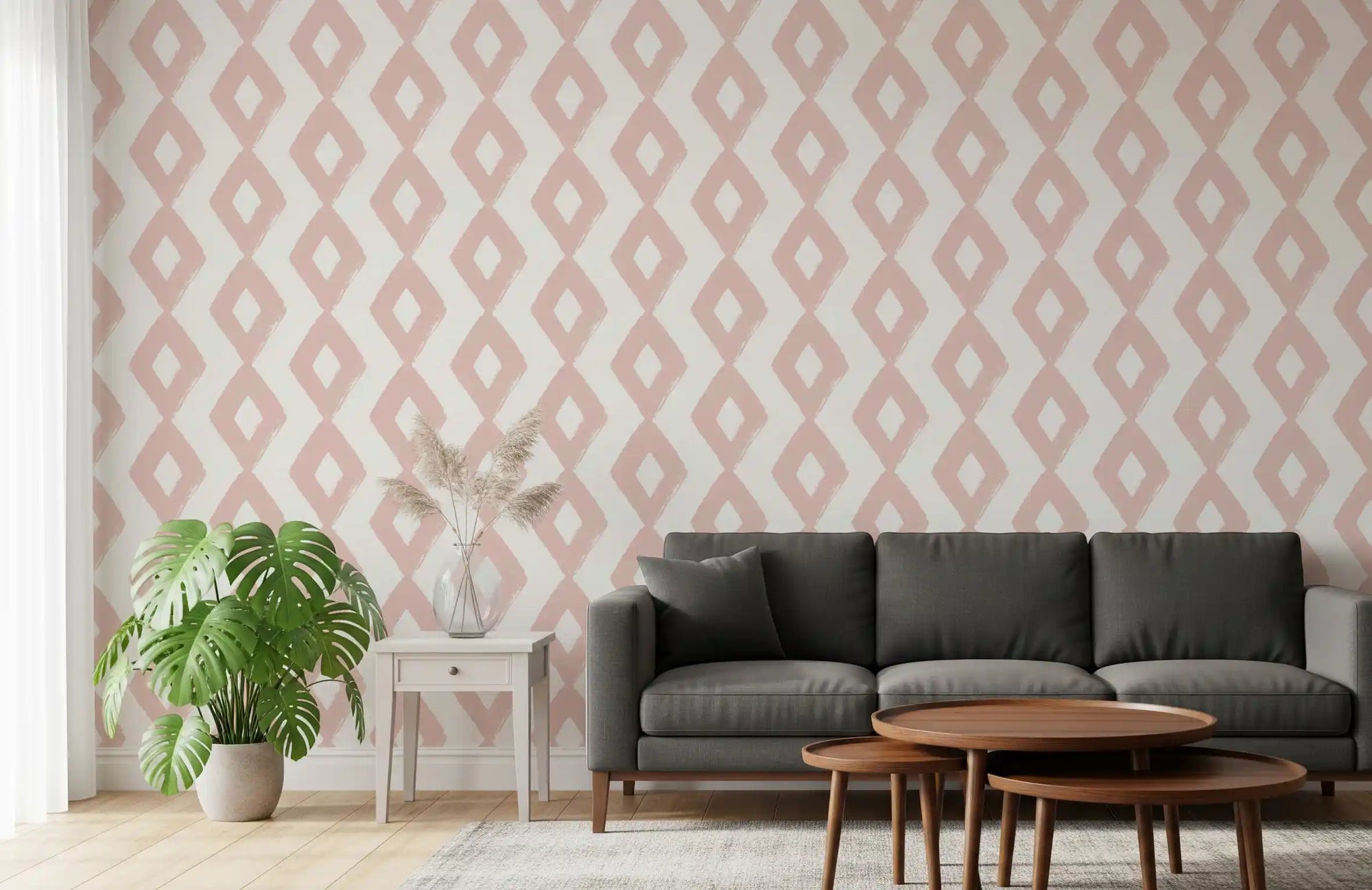 Dusty pink diamonds give a living room a warm wallpaper backdrop GD11733
