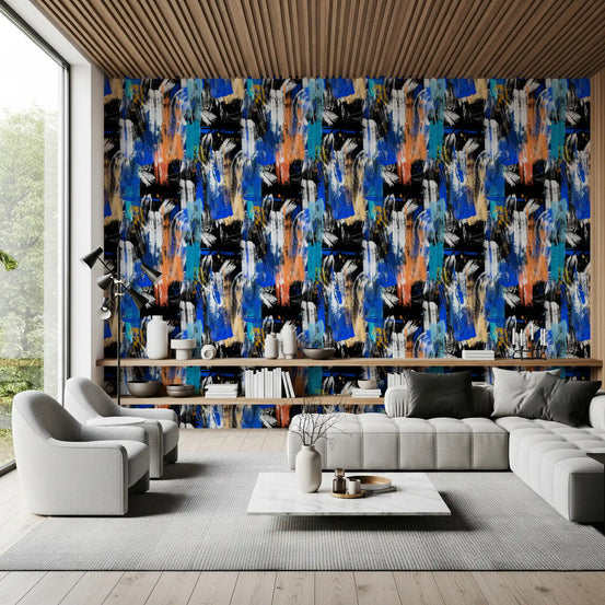 Blue and orange painted strokes wallpaper energises a living room GD11738