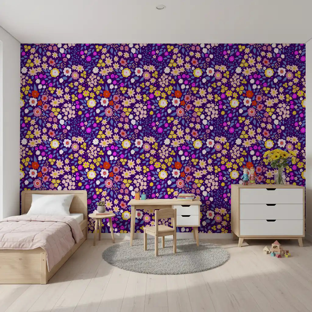This whimsical wallpaper scatters magenta and white blooms in a kids' room GD11740