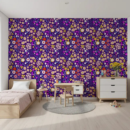 This whimsical wallpaper scatters magenta and white blooms in a kids' room GD11740