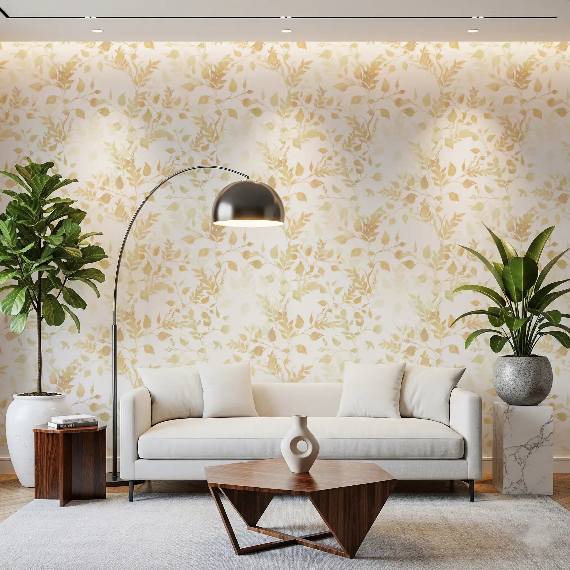 Papel tapiz con silueta de follaje dorado suave