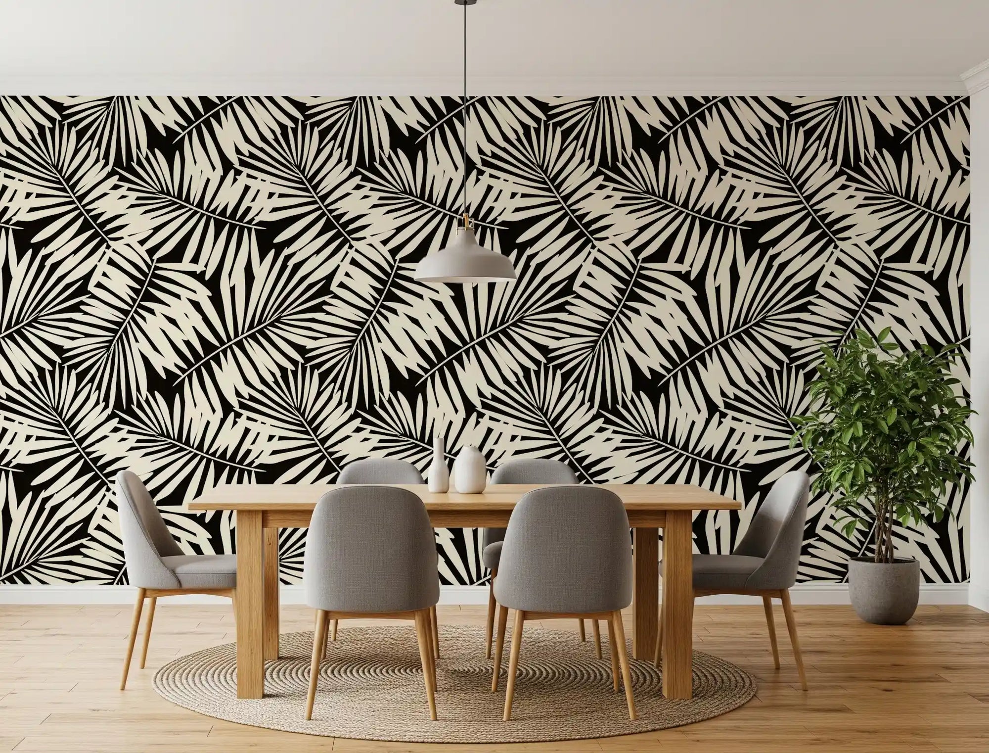 Minimalistische Monochrome Tapete mit Palmenblatt-Motiv