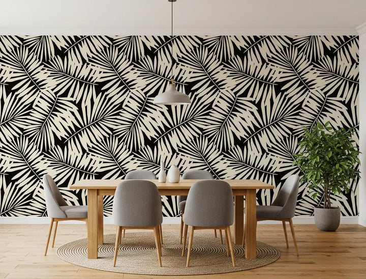 Minimalistische Monochrome Tapete mit Palmenblatt-Motiv