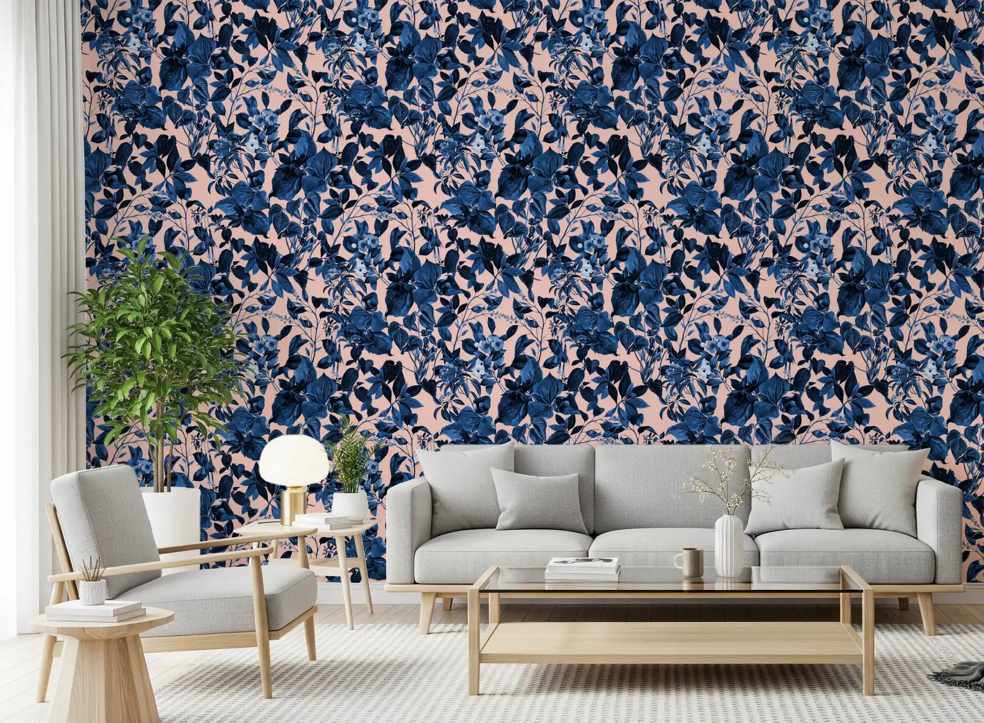 Indigo Grove botanical wallpaper warms a living room in navy and peach GD11746

