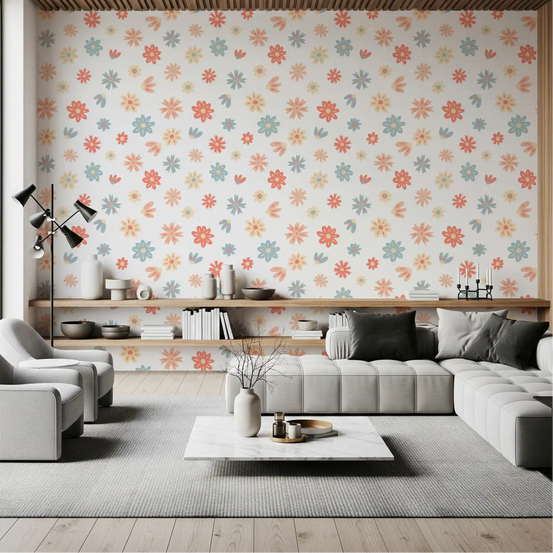 Cheerful Bloom Garden wallpaper sets a playful tone in a sunny living room. GD11747
