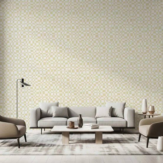 Wavy cream and white check wallpaper warms a calm living room GD11748
