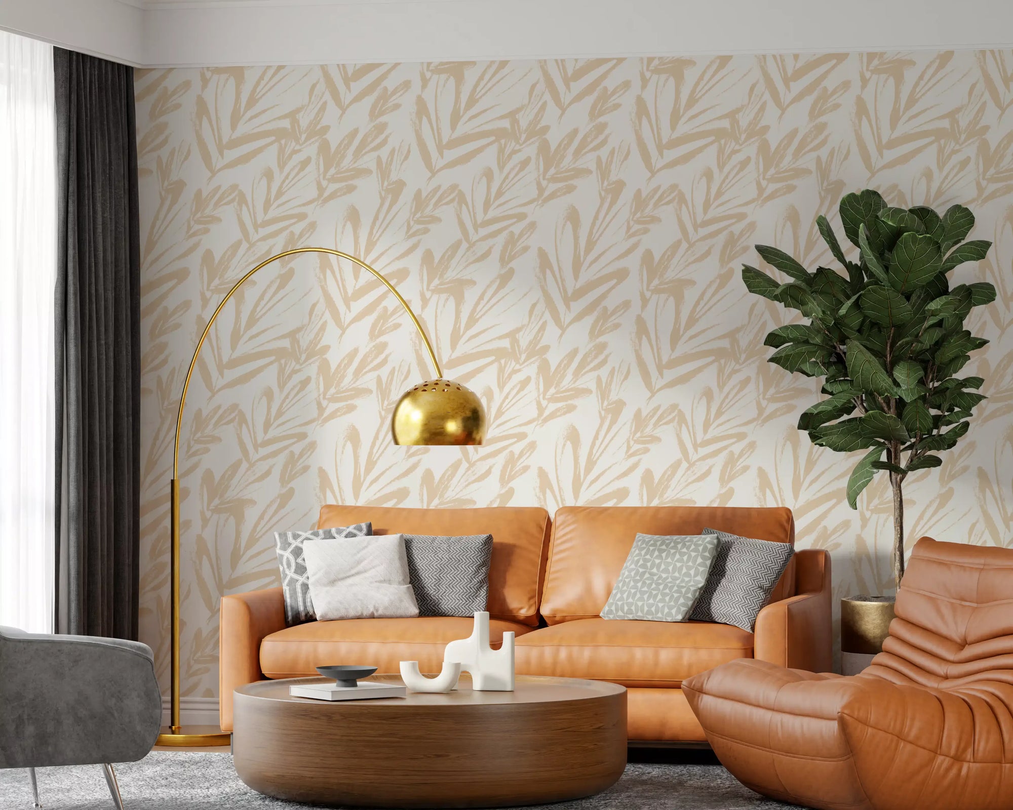 Beige foliage wallpaper adds gentle texture to a modern living room GD11753
