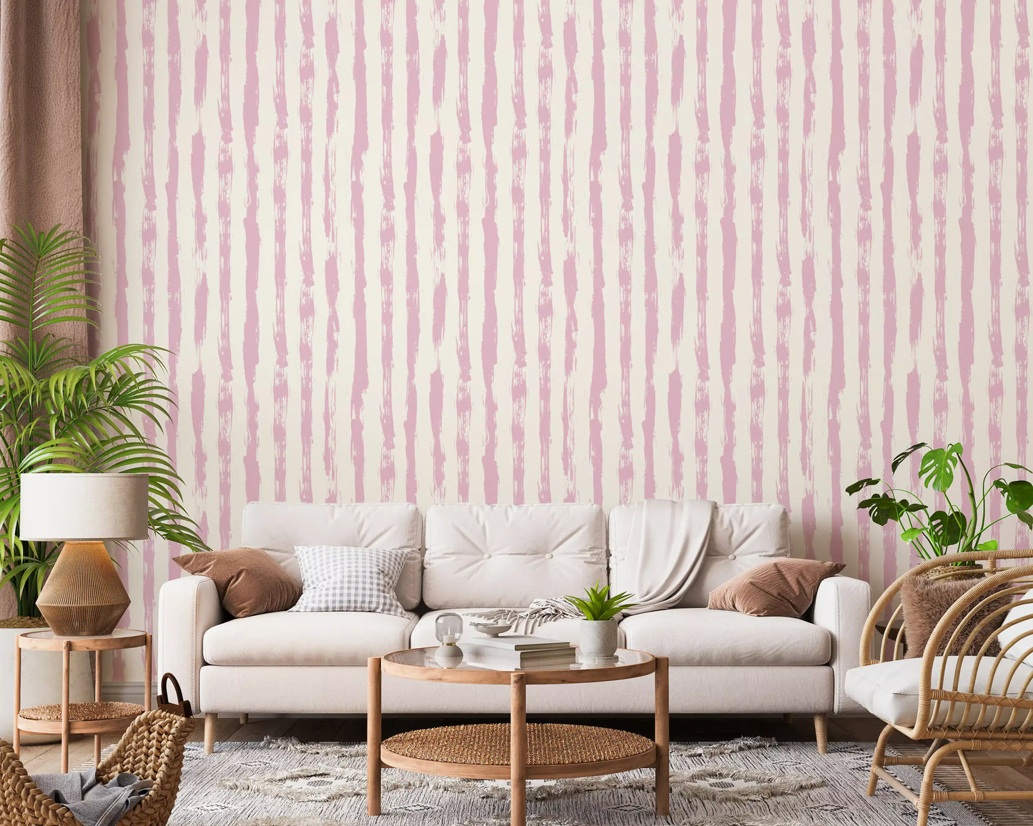 Soft Blush håndmalet tapet med lodrette striber⁠