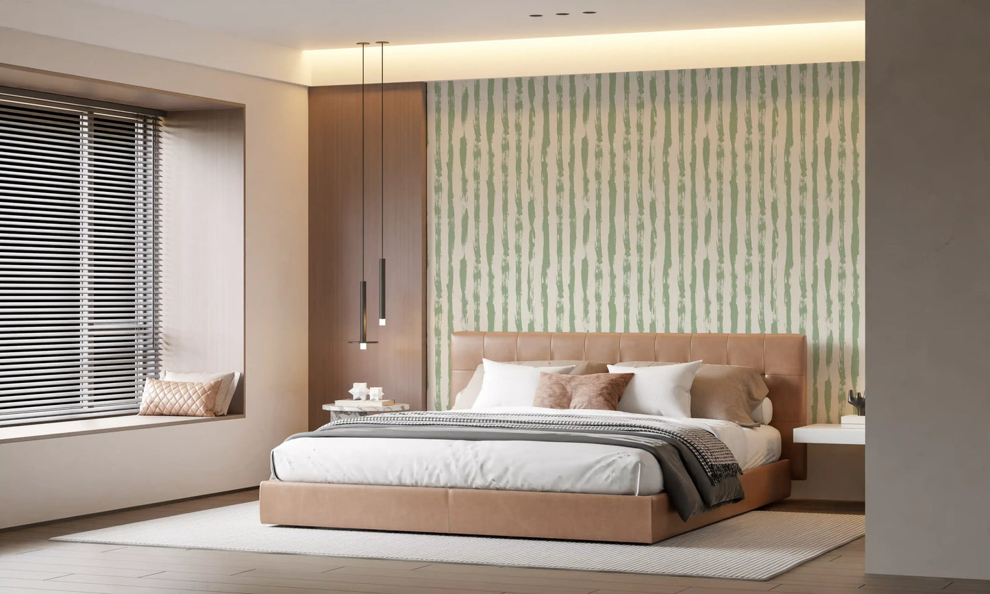 Sage Hand-Painted Vertical Stripes Wallpaper⁠