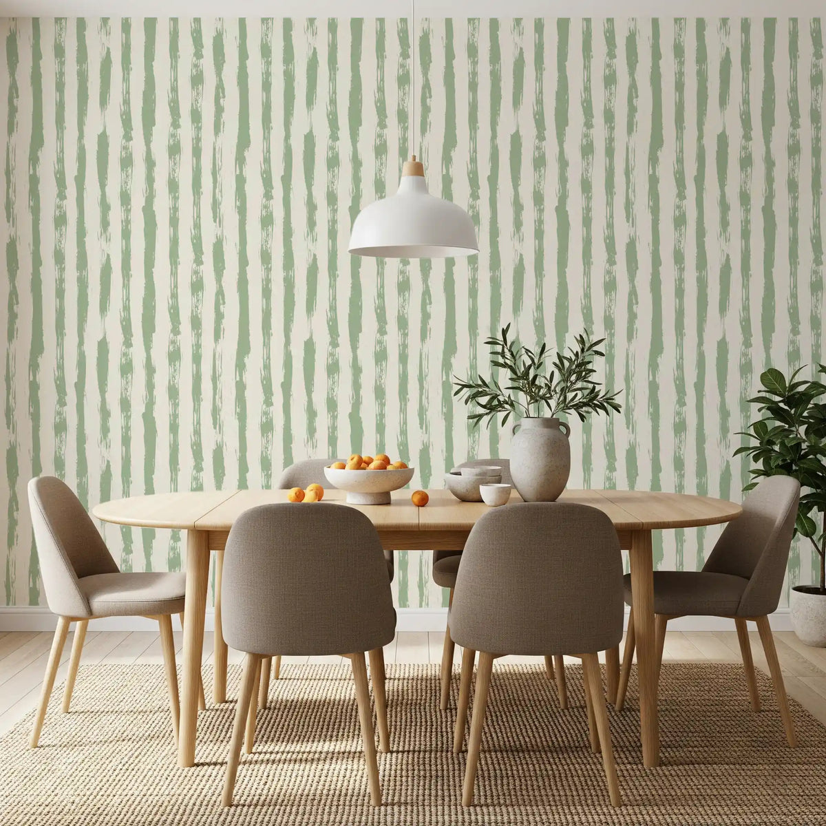 Dining room paired with the Sage Hand-Painted Vertical Stripes wallpaper GD11758
