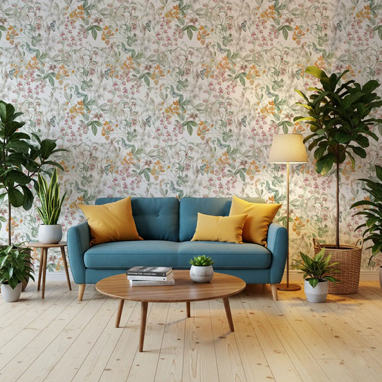 Living room freshened by botanical butterfly meadow wallpaper GD11761
