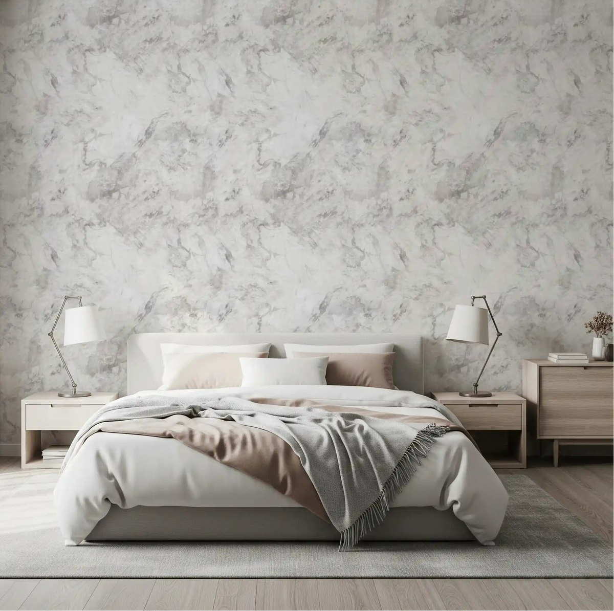 Bedroom dressed in Monochrome Veined Marble Wallpaper GD11764
