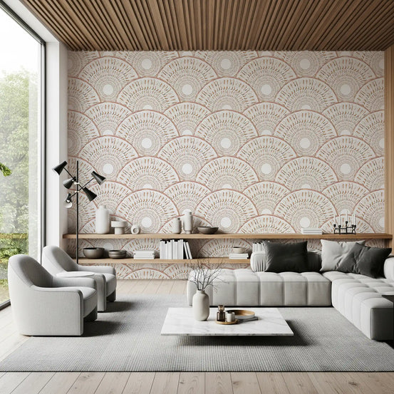 Radiating fan arcs warm a living room in this Deco fan wallpaper GD11770
