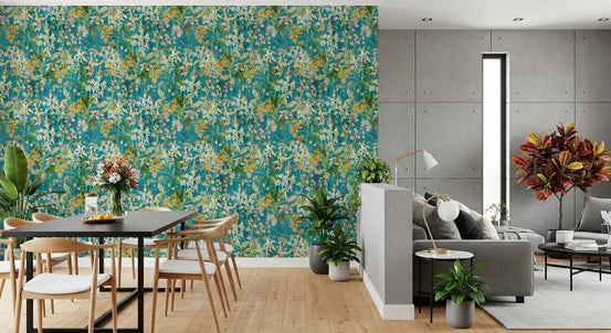 Papier peint illustration botanique Prairie Turquoise