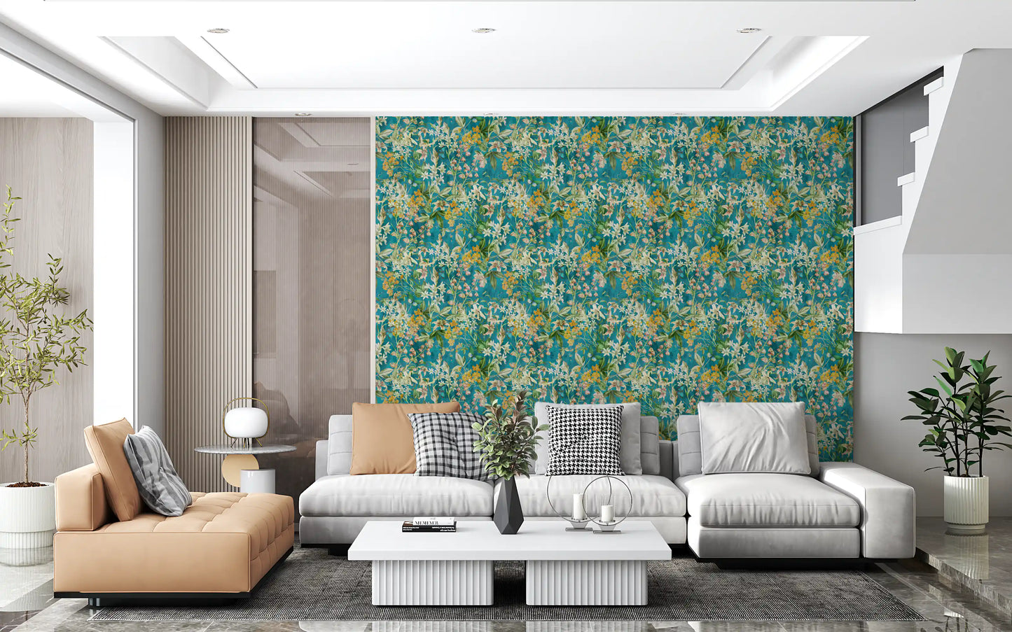 Turquoise Meadow Botanical Illustration Wallpaper⁠