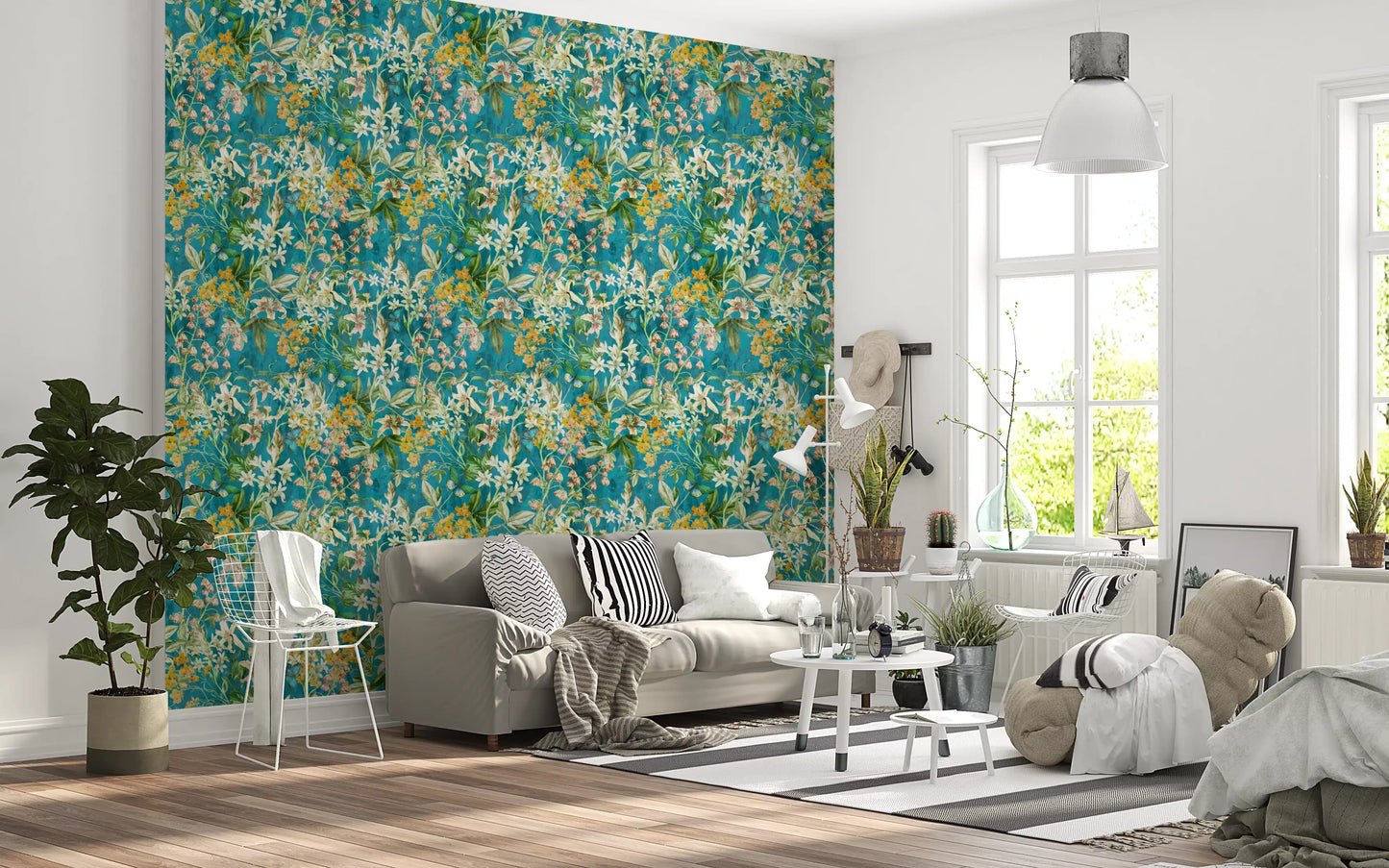 Turquoise Meadow Botanical Illustration Wallpaper⁠