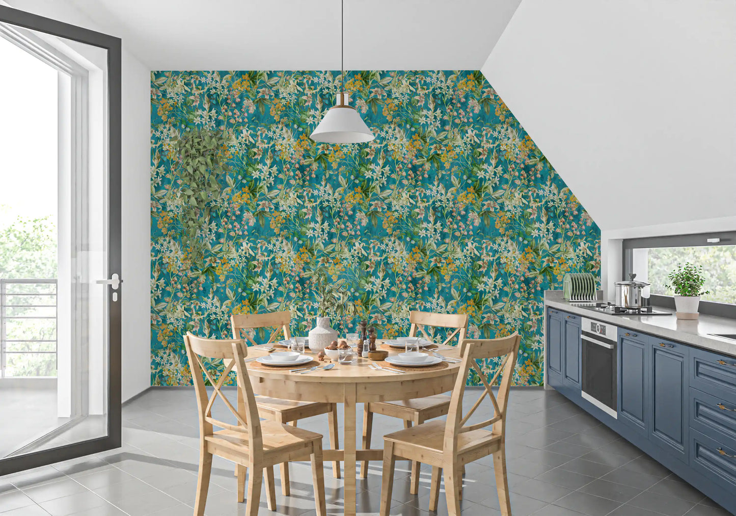 Turquoise Meadow Botanical Illustration Wallpaper⁠