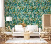 Turquoise Meadow Botanical Illustration Wallpaper⁠