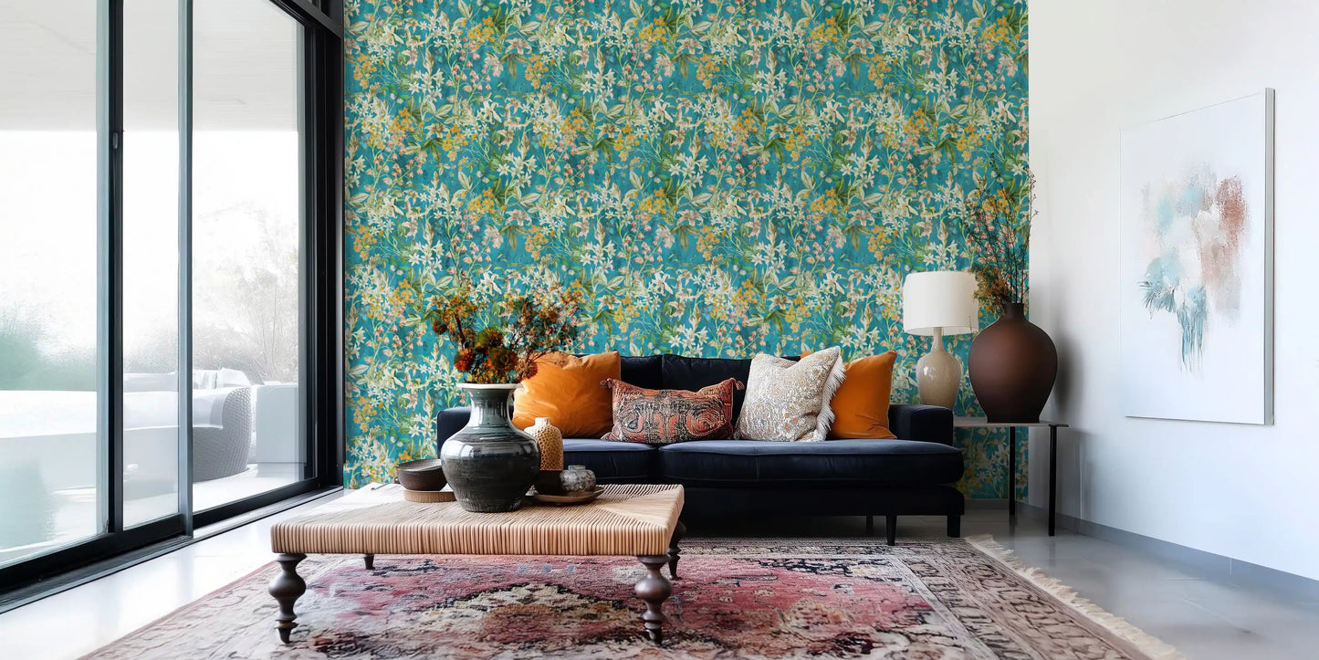 Turquoise Meadow Botanical Illustration Wallpaper⁠