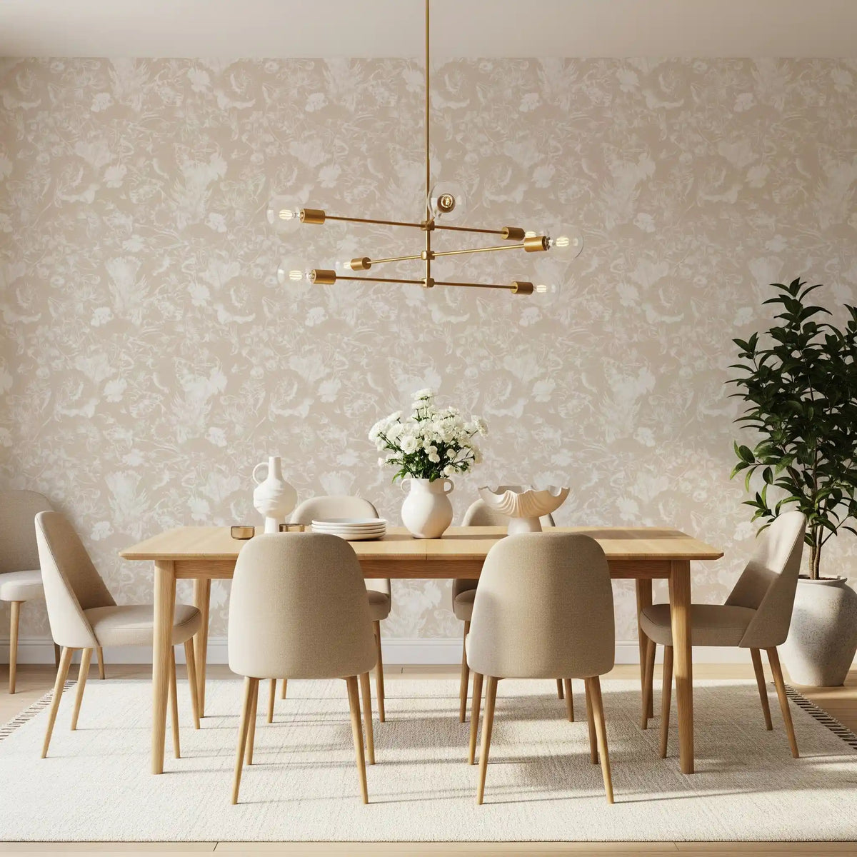 Cream Botanical Line Art wallpaper warms a Dining room with pale blooms GD11772
