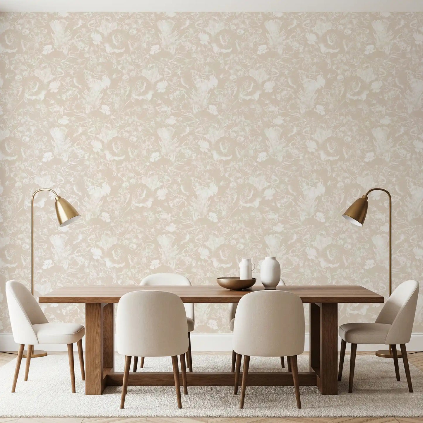 Tapete mit cremefarbenem botanischem Linienkunst-Design