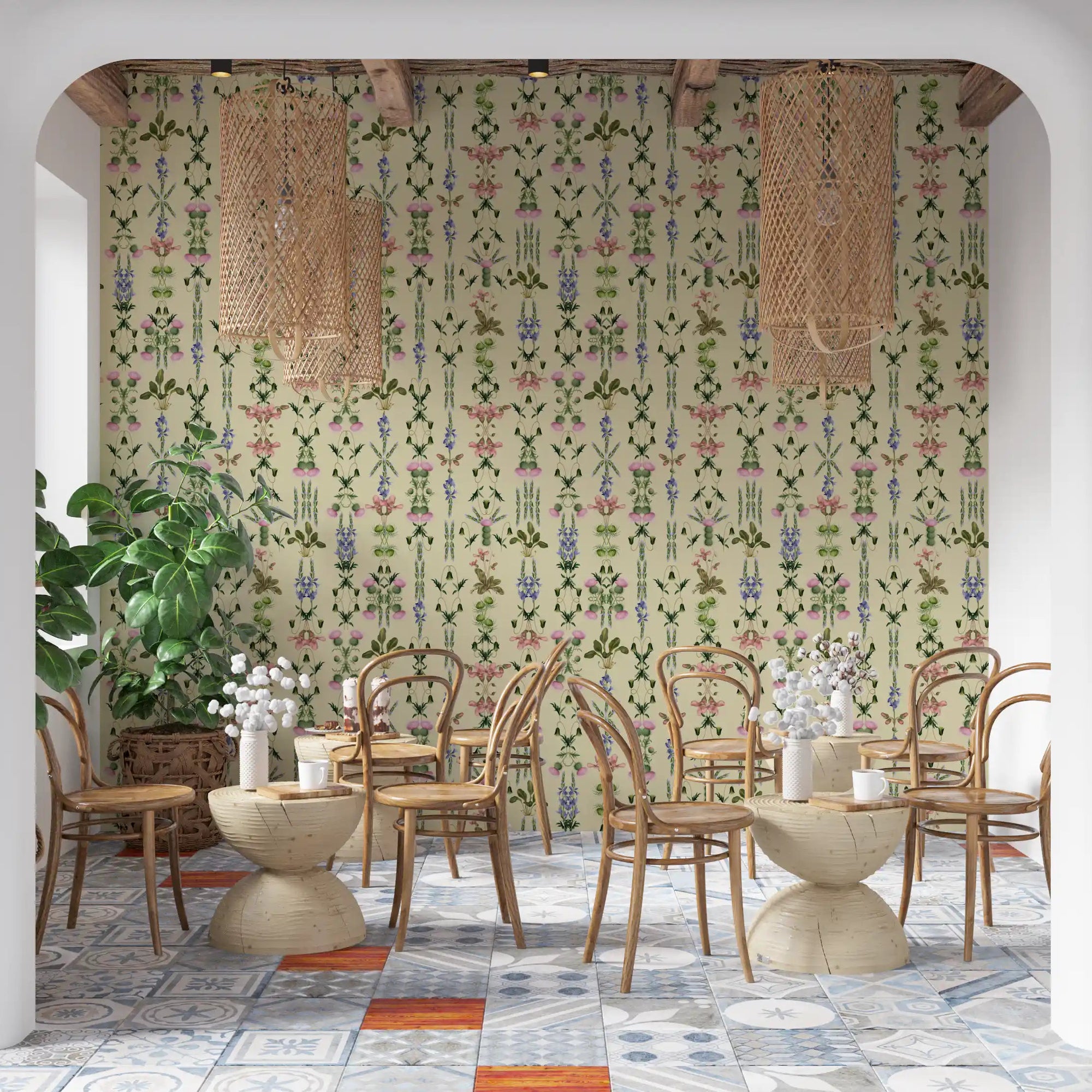 Dining room warmed by the Heritage Field Flora wallpaper GD11778

