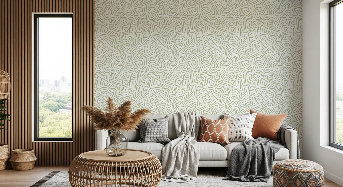 Sage organic sketch wallpaper eases a relaxed living room scheme GD11785
