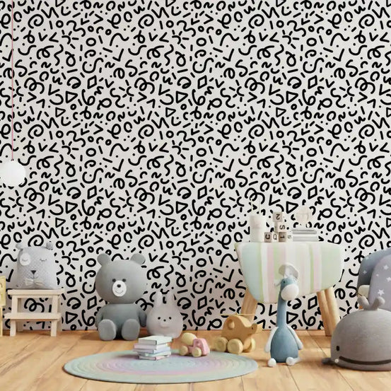 Nursery styled with the Abstract Monochrome Doodles wallpaper in black and white GD11787

