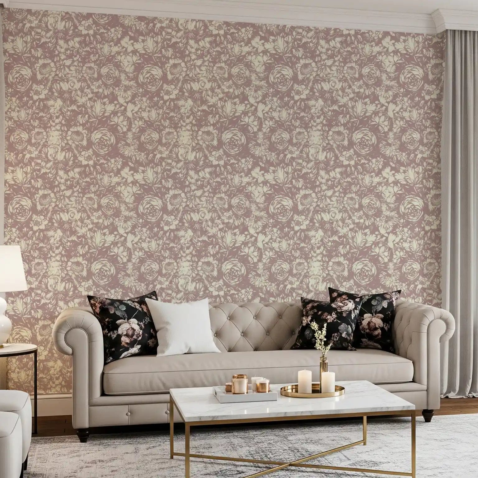 Mirrored petal motifs fill the Muted Mauve Botanical wallpaper evenly GD11790