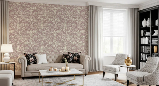 Tapet med botanisk illustration i dæmpet mauvefarve