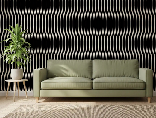 Modern living room lined with vertical geometric lattice wallpaper GD11791
