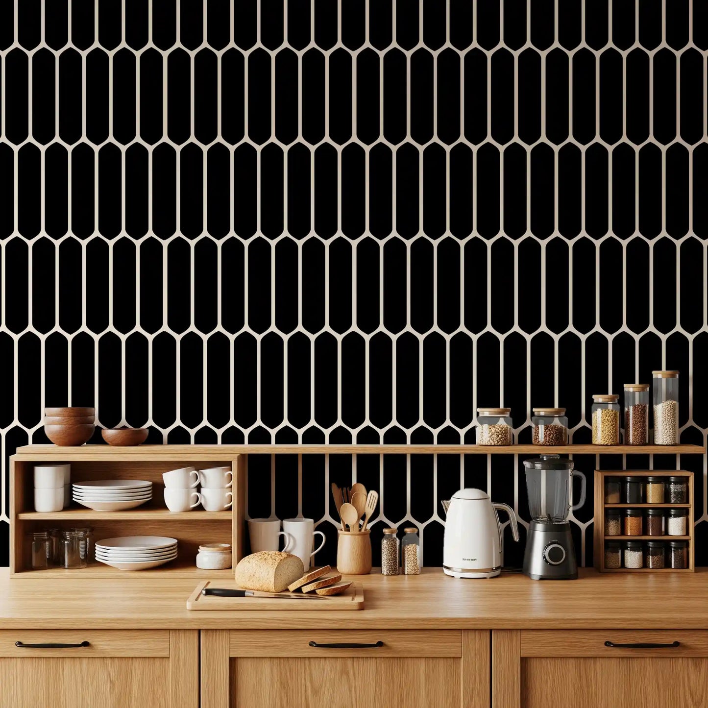Monochrome Geometric Elongated Hexagon Pattern Wallpaper⁠