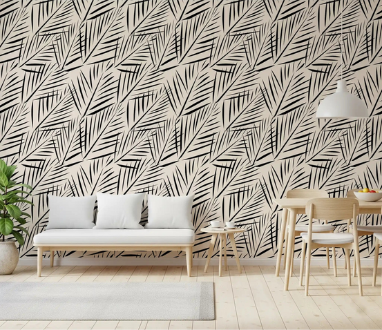 Minimalist palm silhouette wallpaper across a calm Dining room feature area GD11796