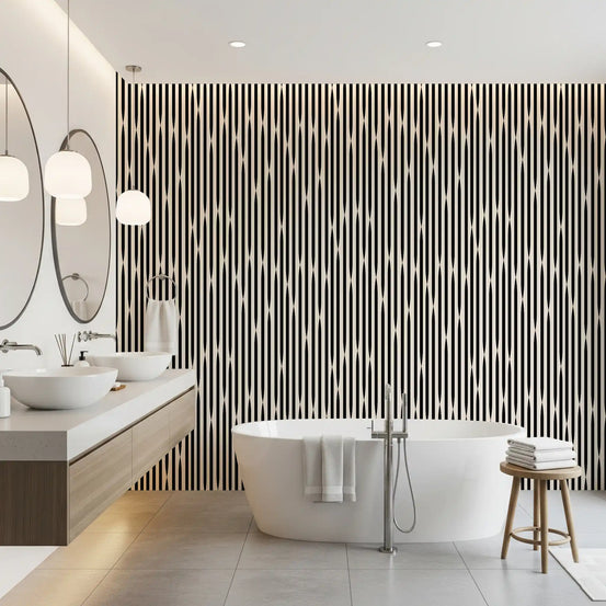 Monochromatic interlocking stripes wallpaper lining a calm bathroom nook GD11797