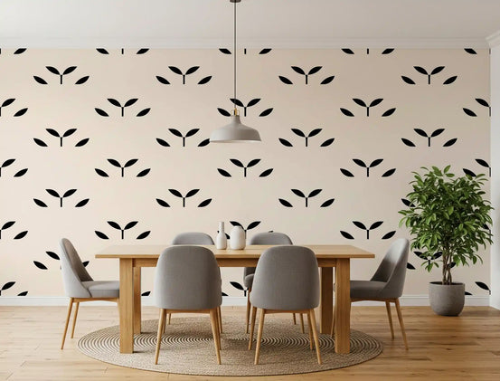 Dining space wrapped in Minimalist Black Leaf Motif wallpaper over warm cream GD11799