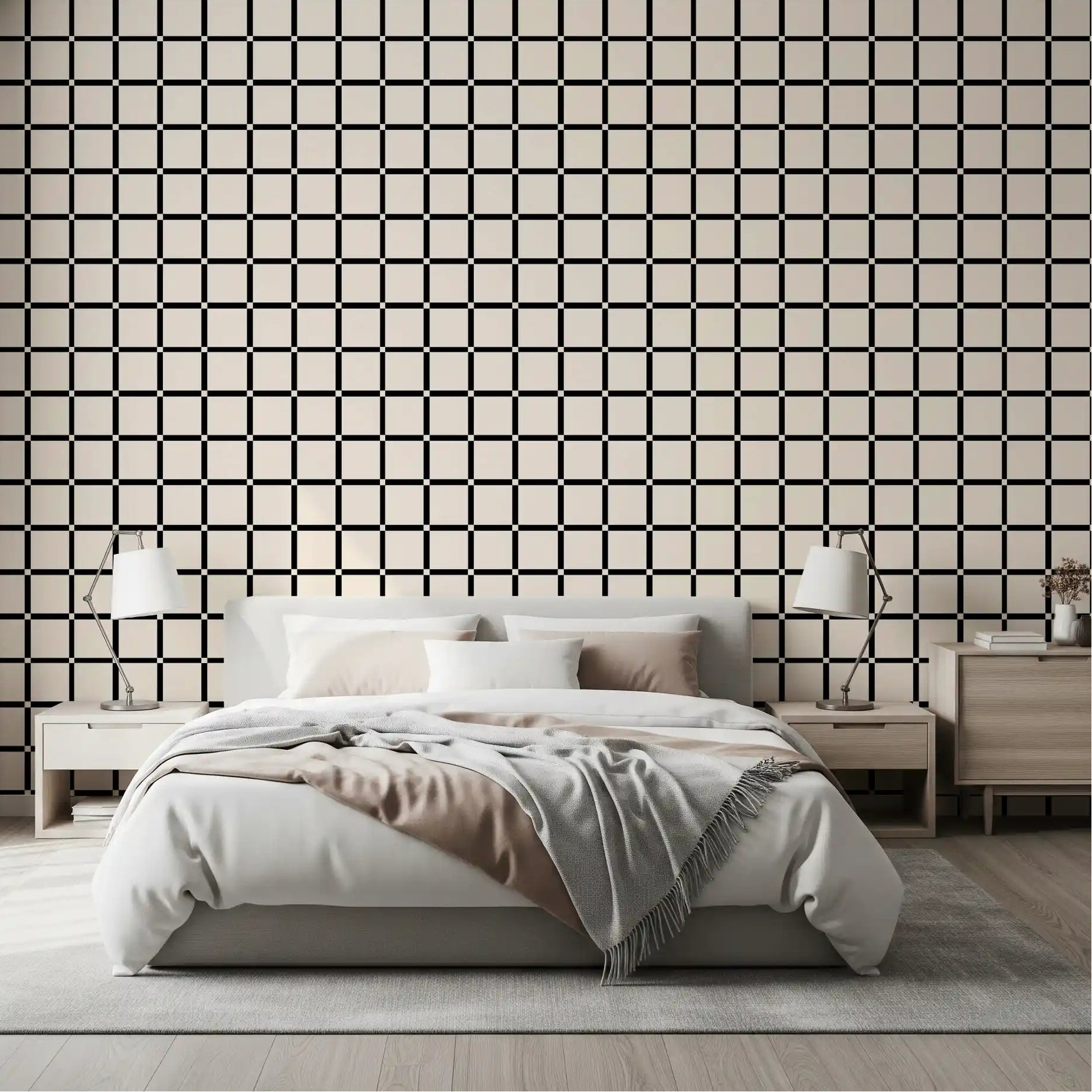 A thin black grid calms a bedroom over creamy wallpaper GD11801
