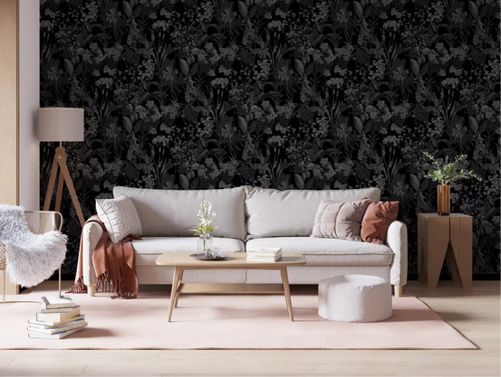 Enchanted Monochrome Garden wallpaper deepens a living room with dark blooms GD11805