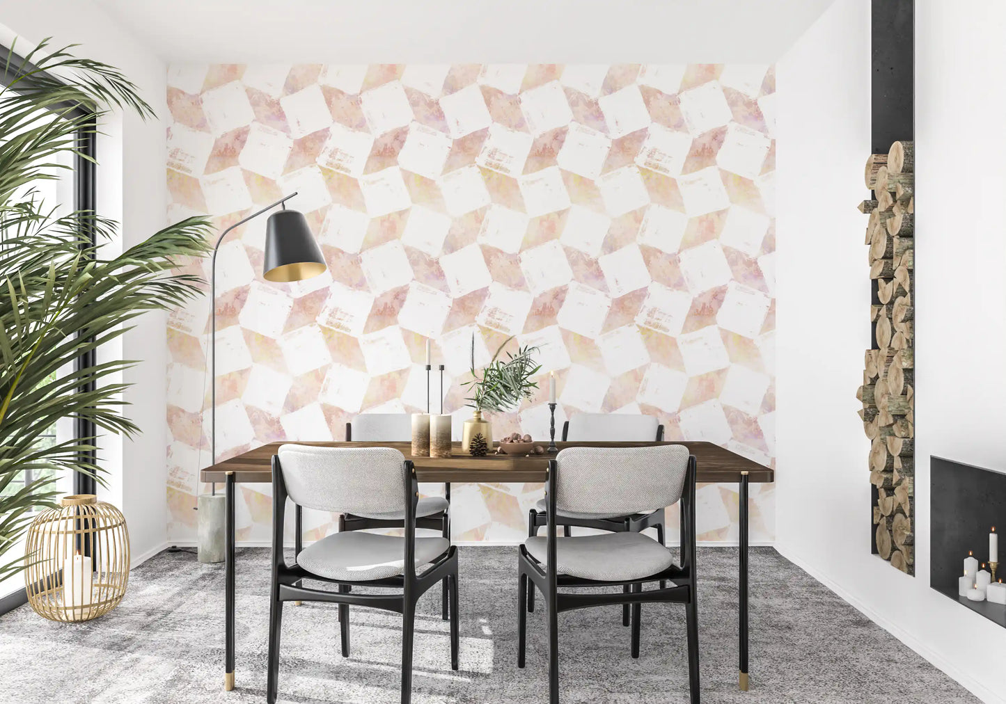 Tapet med lagdelte geometriske ferskenfarvede blokke