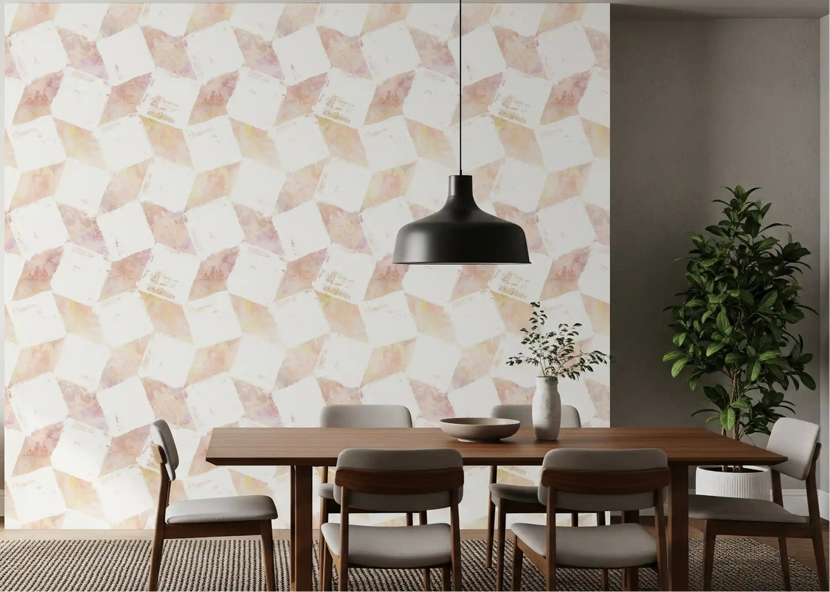 Layered peach wallpaper in pastel blocks suits a bright dining room GD11807