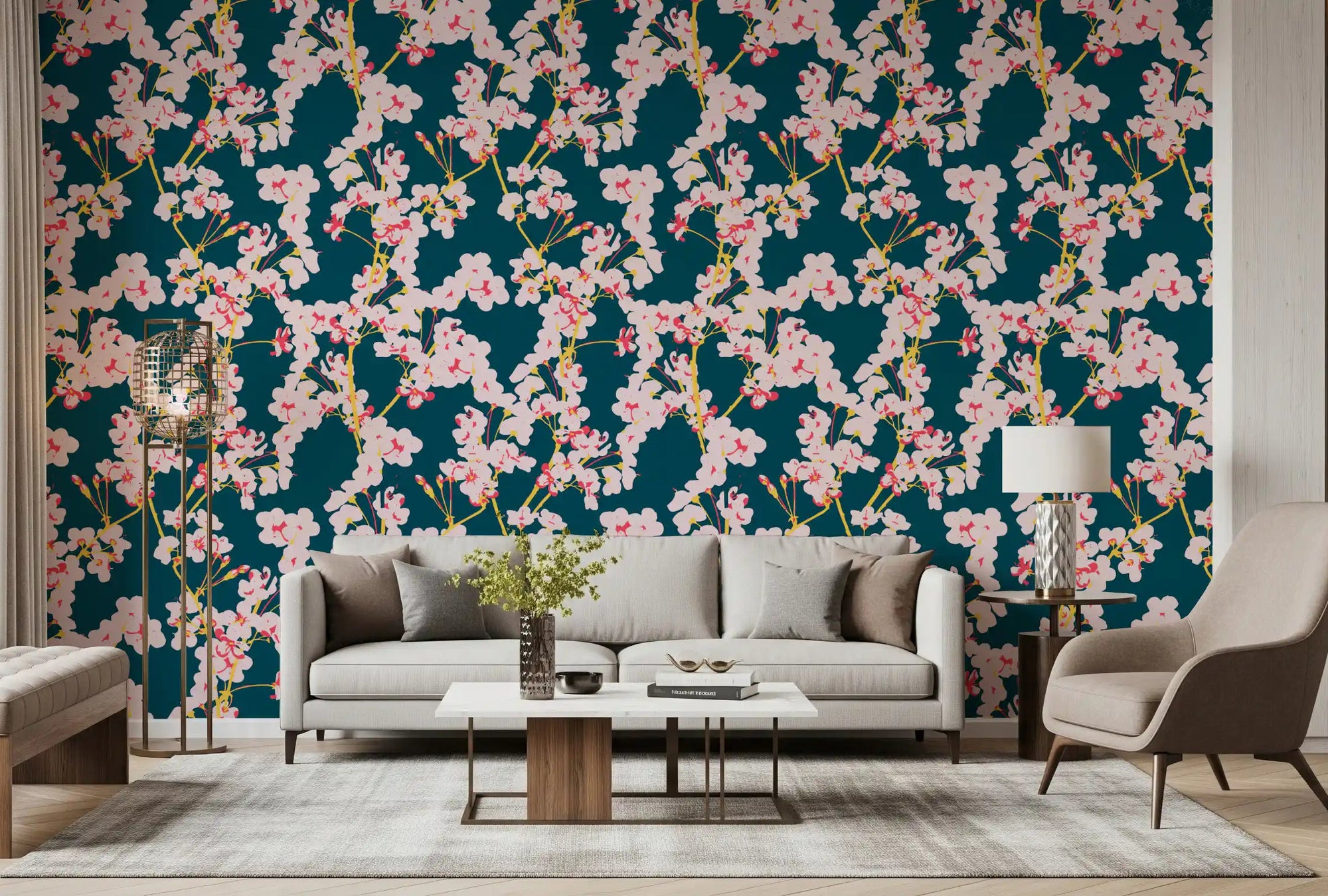 Living room grounded in the Midnight Cherry Blossom Trails wallpaper GD11808