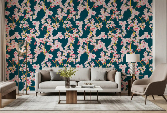 Living room grounded in the Midnight Cherry Blossom Trails wallpaper GD11808
