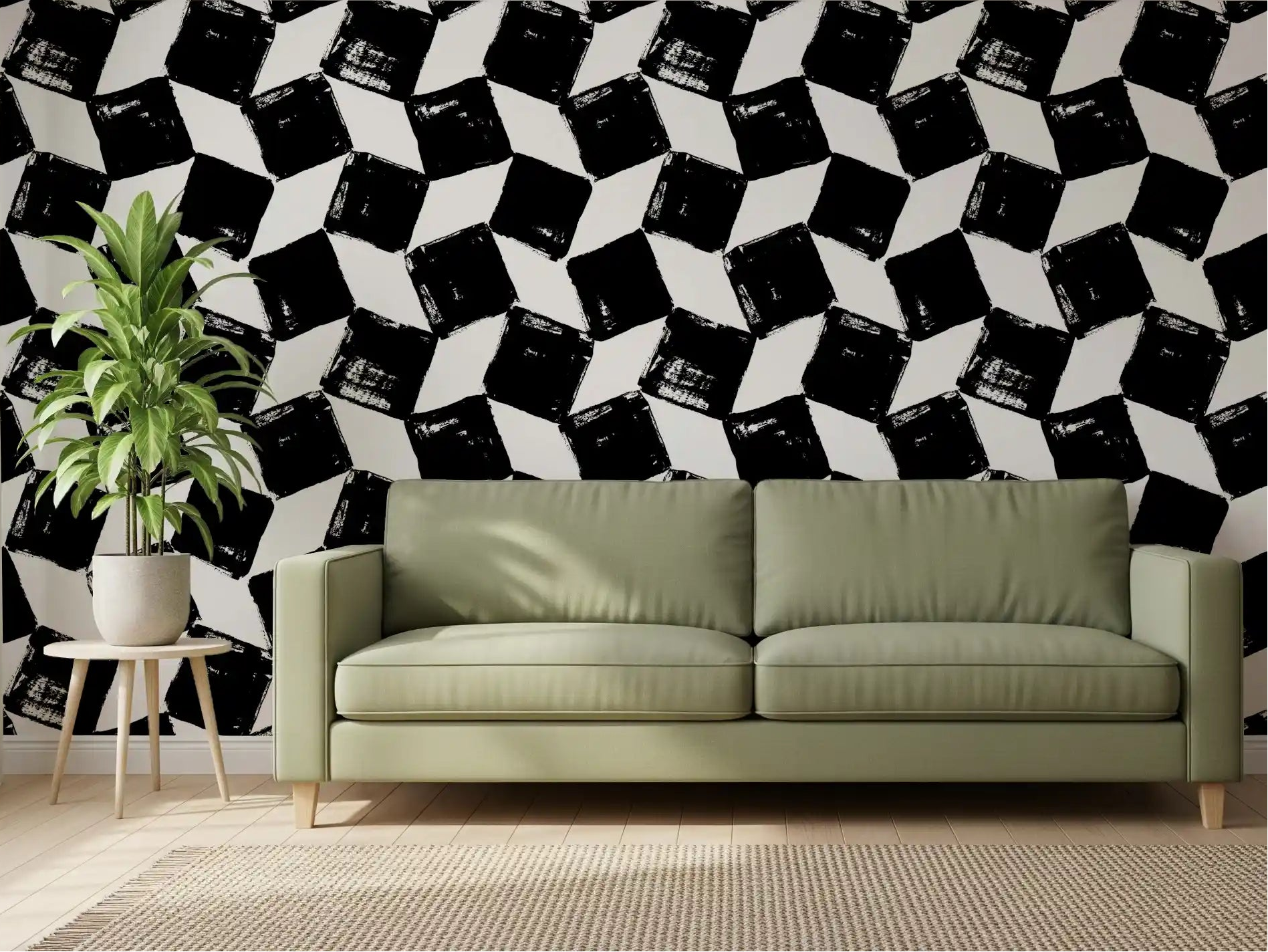 Brushed black squares stack behind a bright living room in monochrome wallpaper GD11811
