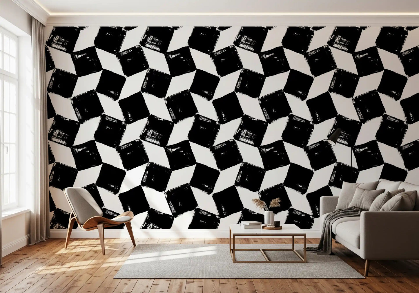 Papier peint monochrome à motifs de coups de pinceau carrés