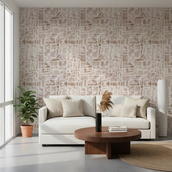Earthy abstract collage wallpaper behind a bright living room GD11812
