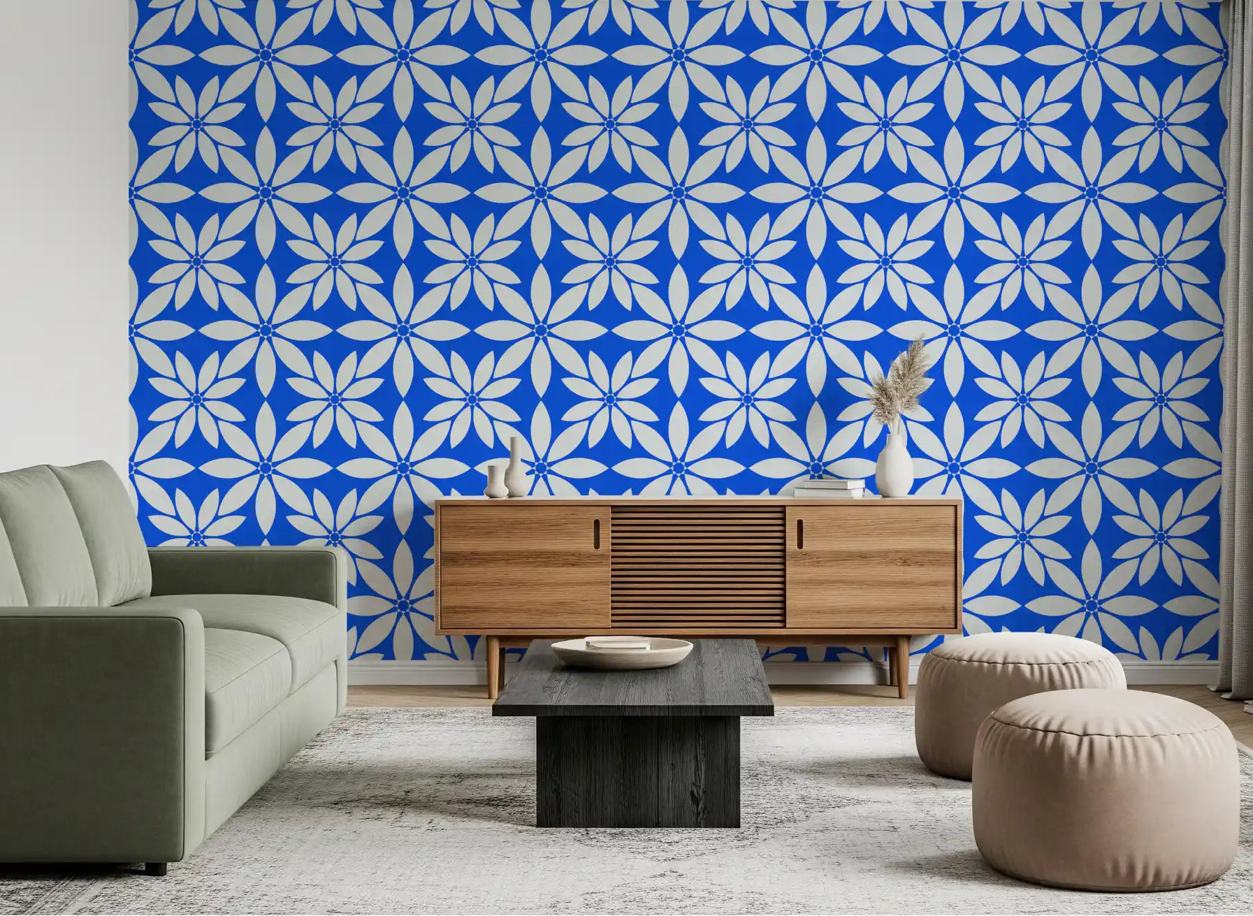 Living room styled with azure petal geometry wallpaper in blue and white, GD11820