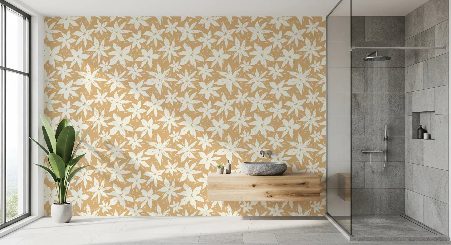 Papier peint à motif floral crème en forme de fleurs épanouies