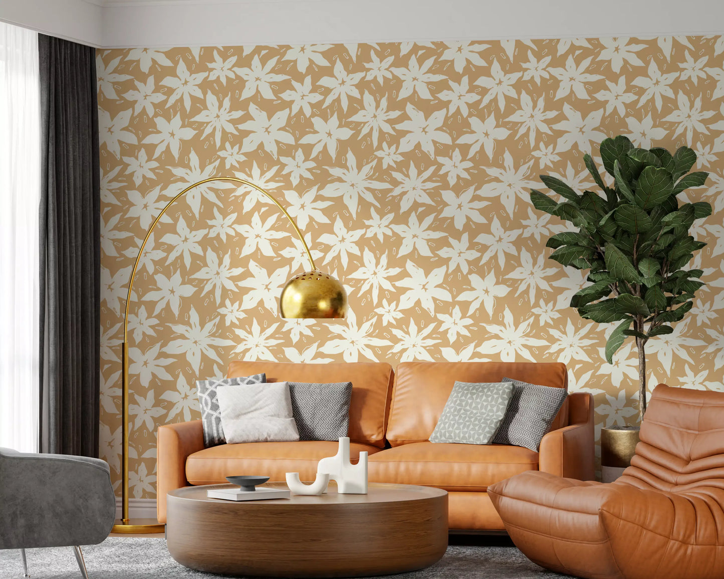 Papier peint à motif floral crème en forme de fleurs épanouies