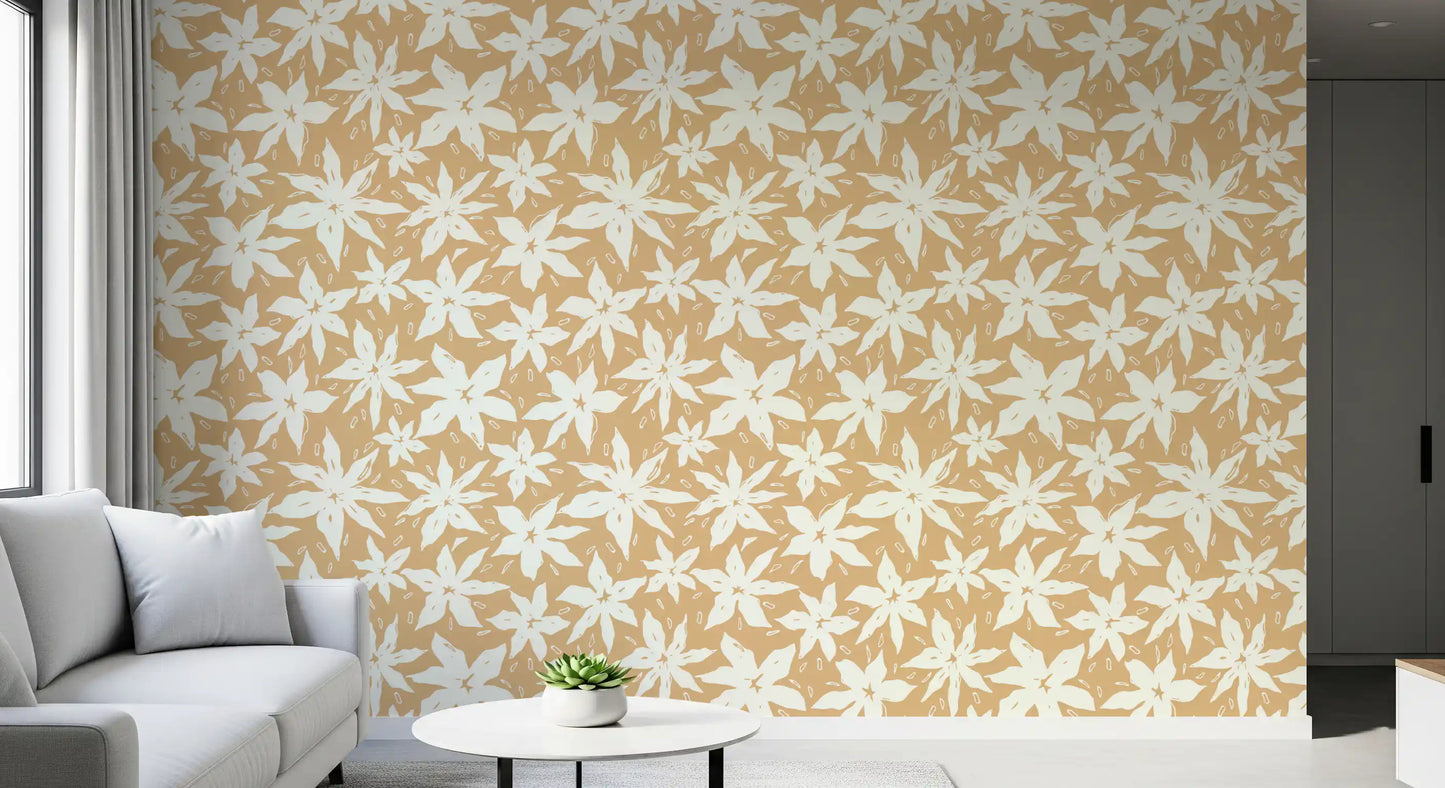 Papier peint à motif floral crème en forme de fleurs épanouies
