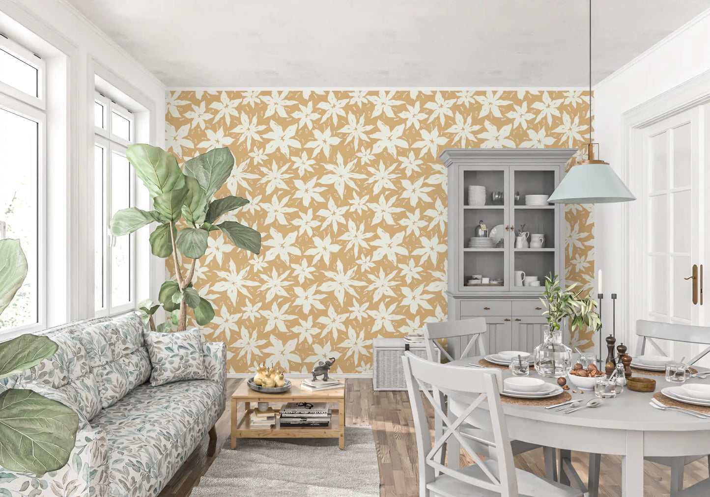 Papier peint à motif floral crème en forme de fleurs épanouies