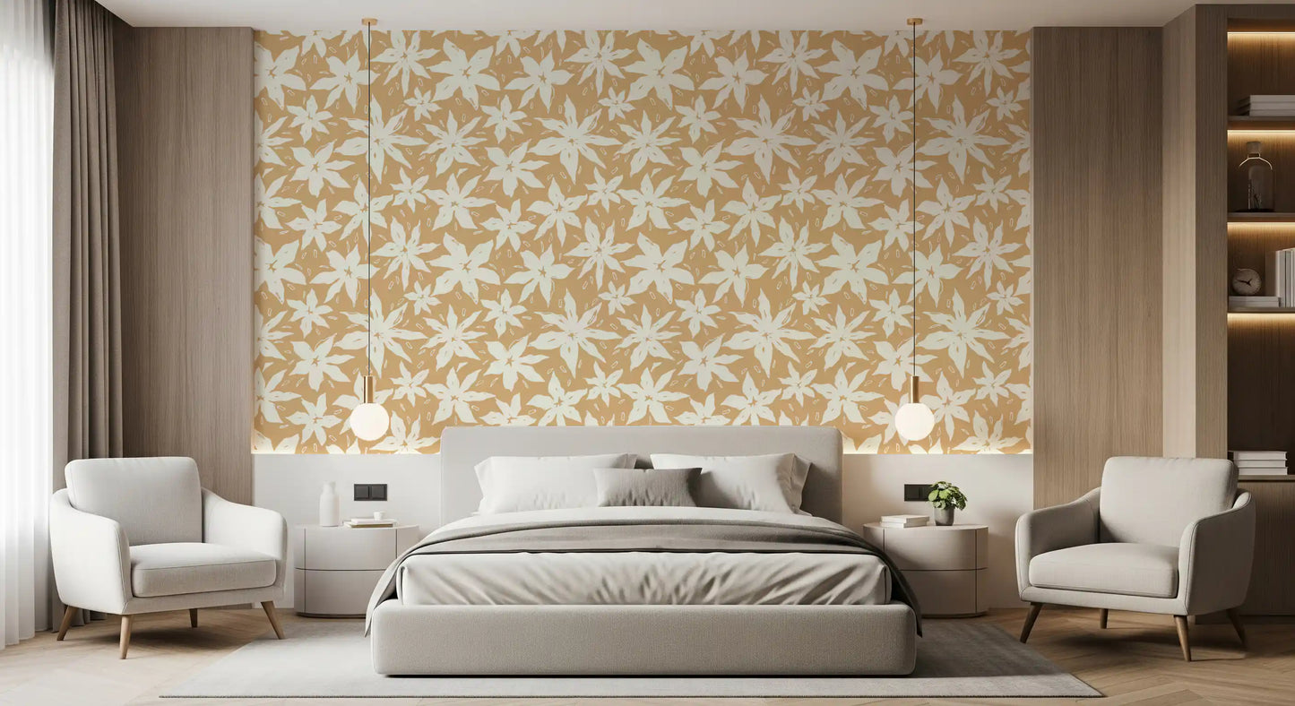 Papier peint à motif floral crème en forme de fleurs épanouies